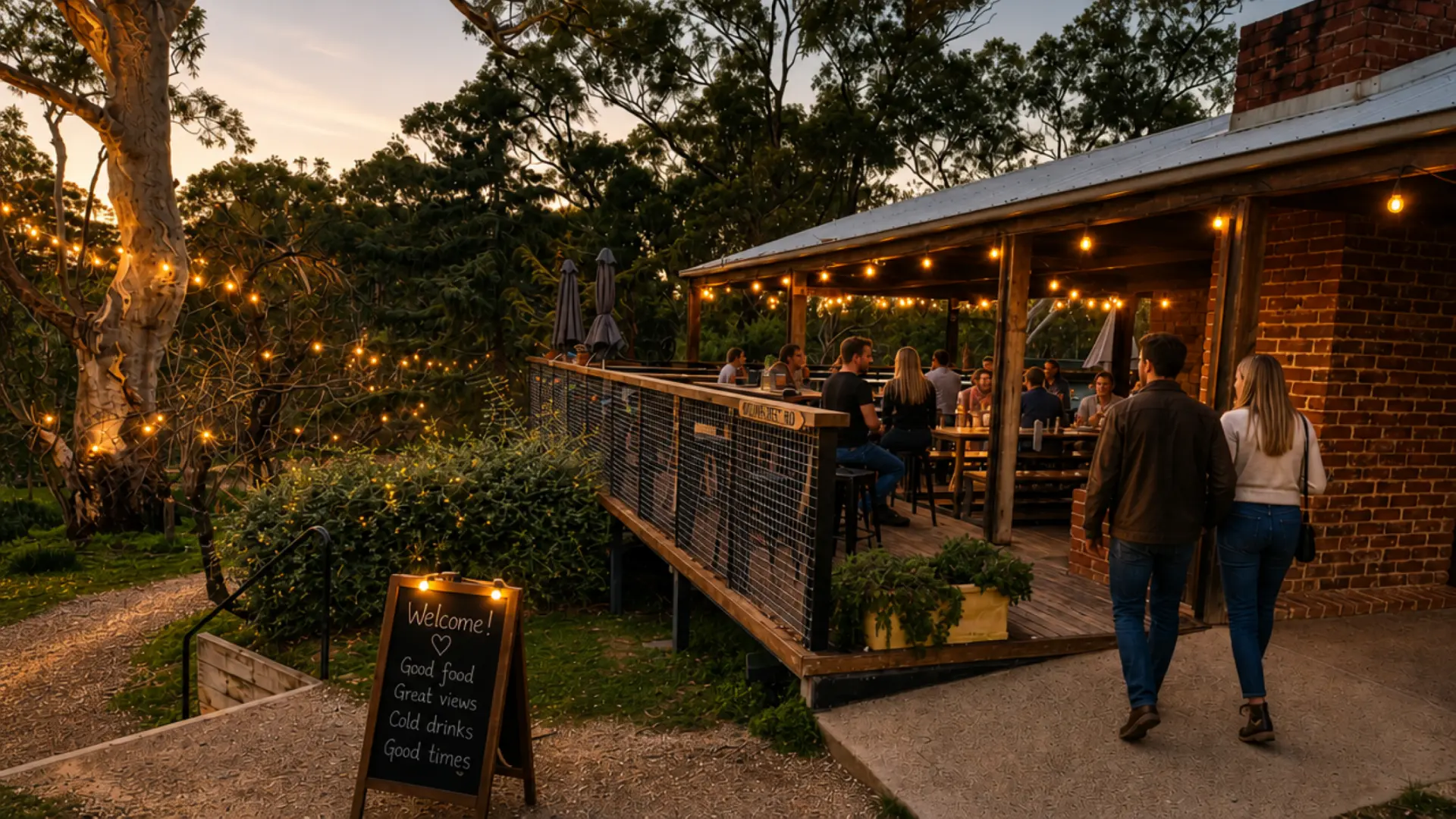 Guests on the festoon-lit deck at Jeanneret Rd under the gums at dusk